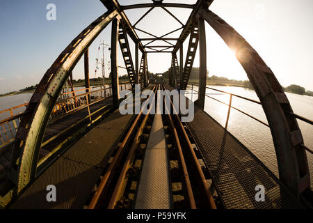 Germany, Weener. 20th June, 2018. View of the damaged Friesen railway bridge. (Picture taken with fish eye's view) Credit: Mohssen Assanimoghaddam/dpa/Alamy Live News Stock Photo