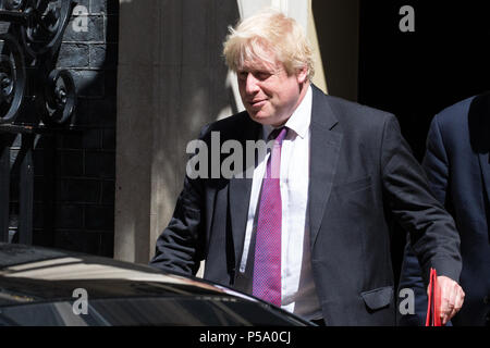 London, UK. 26th June 2018. Boris Johnson MP, Secretary of State for Foreign and Commonwealth Affairs, leaves 10 Downing Street following a Cabinet meeting. Topics discussed were expected to include a European Council summit meeting to be held later this week and Heathrow expansion. Credit: Mark Kerrison/Alamy Live News Stock Photo