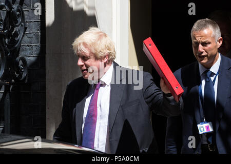 London, UK. 26th June 2018. Boris Johnson MP, Secretary of State for Foreign and Commonwealth Affairs, leaves 10 Downing Street following a Cabinet meeting. Topics discussed were expected to include a European Council summit meeting to be held later this week and Heathrow expansion. Credit: Mark Kerrison/Alamy Live News Stock Photo