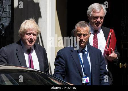 London, UK. 26th June 2018. Boris Johnson MP, Secretary of State for Foreign and Commonwealth Affairs, and David Davis MP, Secretary of State for Exiting the European Union, leave 10 Downing Street following a Cabinet meeting. Topics discussed were expected to include a European Council summit meeting to be held later this week and Heathrow expansion. Credit: Mark Kerrison/Alamy Live News Stock Photo