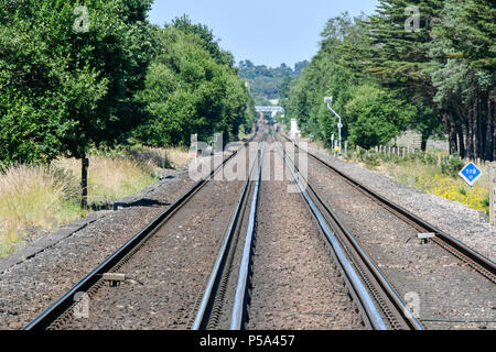 Holton Heath, Dorset, UK.  26th June 2018. UK Weather.   View from a level crossing near Holton Heath in Dorset as delays on South Western Railways in Dorset after a small fire under a train between Surbiton and Weybridge blocked the West bound line.  This incident is on top of the speed restrictions on the railways due to the risk of the lines buckling due to the hot temperatures from the current heatwave.  Picture Credit: Graham Hunt/Alamy Live News Stock Photo