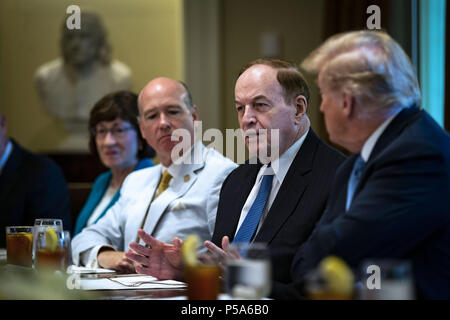 Washington, District of Columbia, USA. 26th June, 2018. Senator Richard Shelby, a Republican from Alabama, speaks beside U.S. President Donald Trump, right, and Senator Susan Collins a Republican from Maine, and Representative Robert Aderholt, a Republican from Alabama, left, during a lunch meeting with Republican lawmakers, in the Cabinet Room at the White House in Washington, DC, U.S., on Tuesday, June 26, 2018. Credit: Al Drago/Pool via CNP Credit: Al Drago/CNP/ZUMA Wire/Alamy Live News Stock Photo