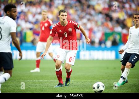 Jun 26th, 2018, Moscow, Russia. Andreas Christensen of Denmark and  Antoine Griezmann(R) of france in action during the 2018 FIFA World Cup Russia Group C match Denmark v  France at Luzhniki  stadium, Moscow. Shoja Lak/Alamy Live News Stock Photo