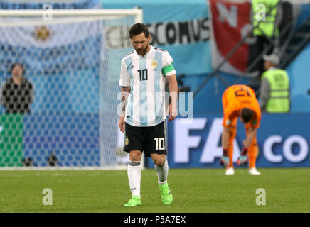 Moscow, Russia. 26th June, 2018. Soccer, World Cup 2018, Preliminary round, Group D, 3rd game day, Nigeria vs Argentina at the St. Petersburg Stadium: Argentina's Lionel Messi reacts after Nigeria's 1-1 goal. Credit: Cezaro De Luca/dpa/Alamy Live News Stock Photo