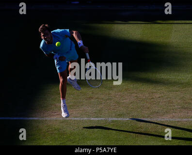 Devonshire Park, Eastbourne, UK. 26th June, 2018. Nature Valley International Tennis; Cameron Norrie (GBR) serves to Daniel Brands (GER) Credit: Action Plus Sports/Alamy Live News Stock Photo