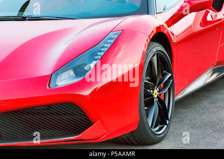 Rome, Italy - June 24, 2018: Front detail of the luxury model sports car Ferrari 488 GTB. The Ferrari 488 is an Italian sports car produced since 2015 Stock Photo