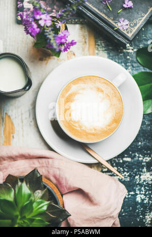Classic foamy cappuccino coffee in cup, top view Stock Photo