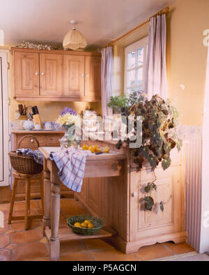 Trailing green houseplant on kitchen unit with small peninsular table in cottage kitchen with fitted pine cupboards Stock Photo