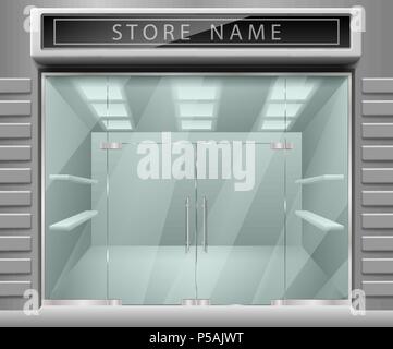 Template for advertising 3d store front facade. Realistic Exterior horizontal empty shop with Shelves. Blank mockup of stylish glass street shop exterior. Vector illustration Stock Vector
