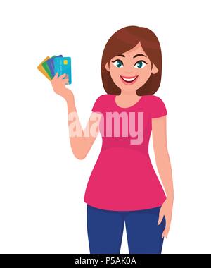 Young woman holding bank credit/debit cards in hand. Business and finance concept vector illustration in cartoon style. Stock Vector