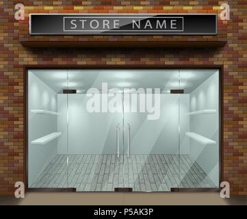 Template for advertising 3d store front facade with red brick. Exterior empty shop or boutique with transparent window. Blank mockup of stylish glass street shop. Vector illustration Stock Vector