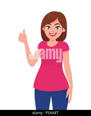 Young woman showing thumps up sign or gesture. Human emotion and body ...