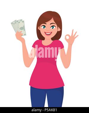 Young woman holding cash/currency/money in hand and showing OKAY/OK sign.  Human emotion and body language concept illustration in vector cartoon. Stock Vector