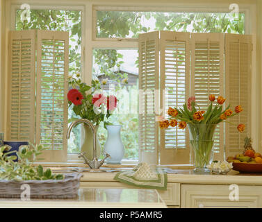 Red gerberas and orange striped tulips in glass vases on kitchen windowsill with cream Plantation shutters Stock Photo