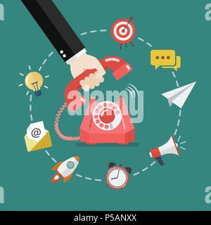 Hand picking up the phone with business icons. Vector illustration Stock Vector