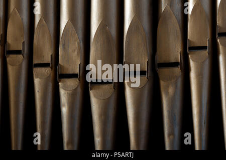 Organ pipes in St. Michael and All Angels Church, Farthinghoe, Northamptonshire, England, UK Stock Photo