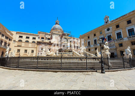 PALERMO, ITALY - JUNE 15, 2017: Fountain Fontana Pretoria (1554), by Francesco Camilliani on Piazza Pretoria (Square of Shame), Stock Photo