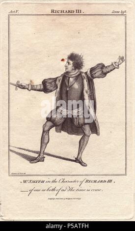 Mr. William Smith as Richard III. He stands in the 'en garde' position with sword drawn, breeches and stockings, puffed sleeves, bareheaded.. . Smith performed in London from 1753 to 1788 and was known as 'Gentleman Smith' for his delicate and proper depiction of the manners of a finished gentleman.. . Copperplate engraving from 'Bell's Shakespeare' published by John Bell, London, from 1776 to 1785. Stock Photo