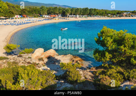 SARTI, GREECE, JULY 23, 2016: Summer morning Platanitsi beach camping on Sithonia Peninsula (Chalcidice, Greece). Stock Photo