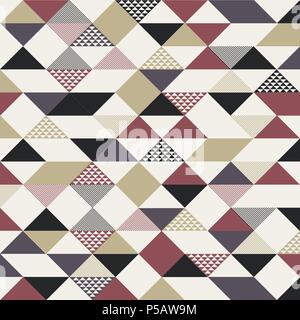Abstract retro style triangles pattern with lines diagonally gold, black, red color on white background. Vector illustration Stock Vector