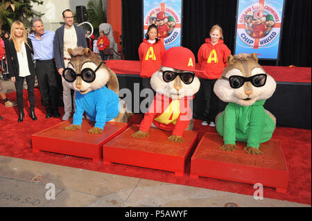 Alvin and The Chipwrecked - hand prints at the Chinese Theatre In Los Angeles. Alvin, Simon, Theodore, Jason Lee, Ross Bagdasarian, Janice BagdasarianAlvin and The Chipwrecked  15  Event in Hollywood Life - California, Red Carpet Event, USA, Film Industry, Celebrities, Photography, Bestof, Arts Culture and Entertainment, Topix Celebrities fashion, Best of, Hollywood Life, Event in Hollywood Life - California, movie celebrities, TV celebrities, Music celebrities, Topix, Bestof, Arts Culture and Entertainment, Photography,    inquiry tsuni@Gamma-USA.com , Credit Tsuni / USA, Honored with hand an Stock Photo