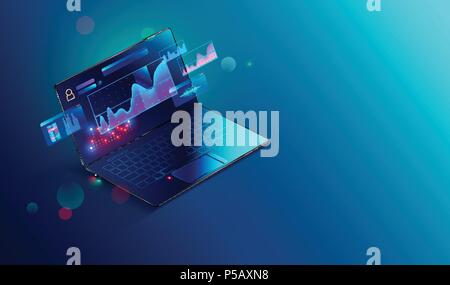 Financial analytic and business infographic elements on screen laptop. Finance graphs, analysis data and charts investment and trade. 3d isometric Vector. Business Concept. Stock Vector