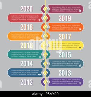 Vertical timeline infographics colorful template 9 positions, to use for flowchart, workflow, banner, diagram, web design, timeline, area chart,number Stock Vector