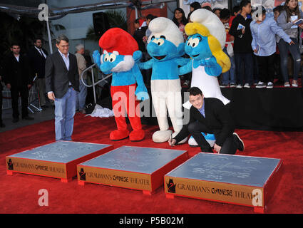 The Smurfs Honored with  Hand and Footprints at the Chinese Theatre In Los Angeles..The Smurfs, Anton YelchinThe Smurfs Handprints  06, Anton Yelchin   Event in Hollywood Life - California, Red Carpet Event, USA, Film Industry, Celebrities, Photography, Bestof, Arts Culture and Entertainment, Topix Celebrities fashion, Best of, Hollywood Life, Event in Hollywood Life - California, movie celebrities, TV celebrities, Music celebrities, Topix, Bestof, Arts Culture and Entertainment, Photography,    inquiry tsuni@Gamma-USA.com , Credit Tsuni / USA, Honored with hand and footprint in the TCL Chines Stock Photo
