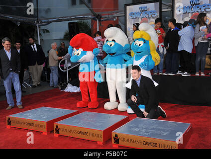 The Smurfs Honored with  Hand and Footprints at the Chinese Theatre In Los Angeles..The Smurfs, Anton YelchinThe Smurfs Handprints  16, Anton Yelchin   Event in Hollywood Life - California, Red Carpet Event, USA, Film Industry, Celebrities, Photography, Bestof, Arts Culture and Entertainment, Topix Celebrities fashion, Best of, Hollywood Life, Event in Hollywood Life - California, movie celebrities, TV celebrities, Music celebrities, Topix, Bestof, Arts Culture and Entertainment, Photography,    inquiry tsuni@Gamma-USA.com , Credit Tsuni / USA, Honored with hand and footprint in the TCL Chines Stock Photo
