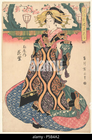 Courtisane Hanamurasaki uit het Tamaya huis .  Nederlands: Courtisane tegen achtergrond met roze wolkmotief waarboven gezicht op bamboe hek met lantaarns en bomen met roze bloesem. Label Line: mentioned on object Kikugawa Eizan (1787 - 1867), ca. 1812, kleurenhoutsnede; lijnblok in zwart met kleurblokken Collection: prenten; Japan (collectie) . 1812. N/A 386 Courtisane Hanamurasaki uit het Tamaya huis-Rijksmuseum RP-P-2008-151 Stock Photo
