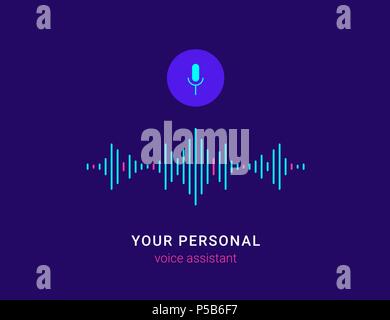 Personal assistant and voice recognition concept flat vector illustration of sound symbol intelligent technologies. Microphone button with bright voic Stock Vector