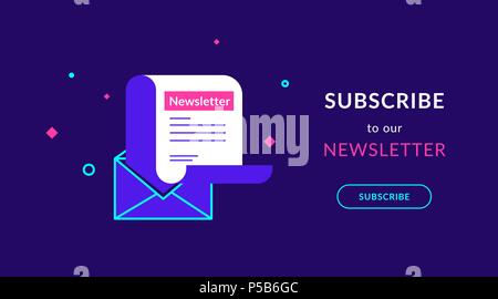 Subscribe to our weekly newsletter flat vector neon illustration for ui ux web design with text and button. Newsletter template in open envelope on vi Stock Vector