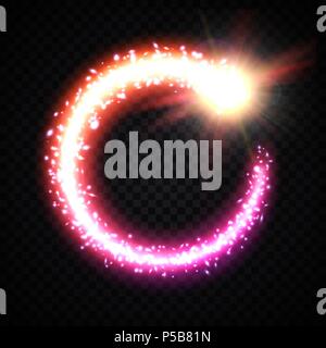 Glowing vortex with particles on transparent background. Festive pink and violet frame. Celebrating magic light abstract comet tail circle. Border with cosmic meteor. Holiday vector illustration. Stock Vector