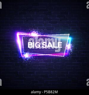 Glowing neon letters Big sale on glass transparent plate. Shopping neon sign with neon light, explosion, firework on brick texture. Night club electric techno frame. 3d discount vector illustration. Stock Vector