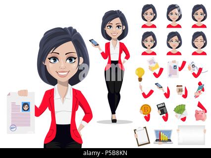 Business woman, manager, banker. Beautiful female banker in business suit. Pack of body parts, emotions and things. Build your personal design. Vector Stock Vector