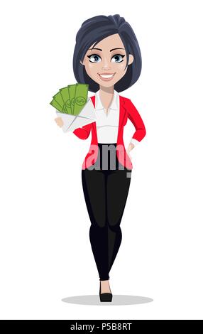 Business woman, manager, banker. Beautiful female banker in business suit. Pretty cartoon character holding envelope with money. Vector illustration o Stock Vector