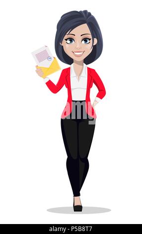 Business woman, manager, banker. Beautiful female banker in business suit. Pretty cartoon character holding document in envelope. Vector illustration  Stock Vector