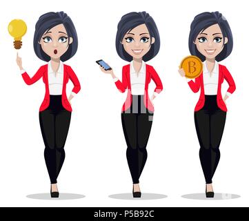 Business woman, manager, banker, set of three poses. Beautiful banker in business suit. Cartoon character having a good idea, holding smartphone and h Stock Vector
