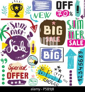 Big sale, special offer, new offer, numbers crazy doodles. Hand drawing multicolored different shapes. Doodle style brushes. Set of hand drawn sketch scribble inscription on white background Stock Vector