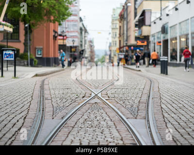 Tram tracks on Drottningatan in the city center of Norrkoping, Sweden. Stock Photo
