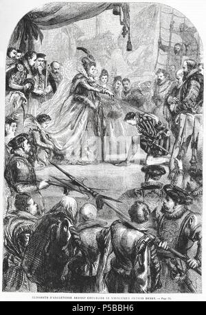 La Reina Isabel I de Inglaterra nombra caballero al navegante Francis Drake, en 1580. Grabado de 1862. Stock Photo