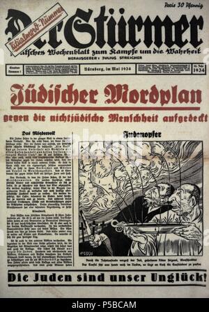 Der Sturmer. Weekly paper edited by the NSDAP Julius Streicher in Nuremberg. Front page. Special issue 1. May, 1934. Headlines: Jewish murder plan against non-jewish mankind uncovered and The jews are our misfortune. Dachau Concentration Camp Memorial Site. Germany. Stock Photo