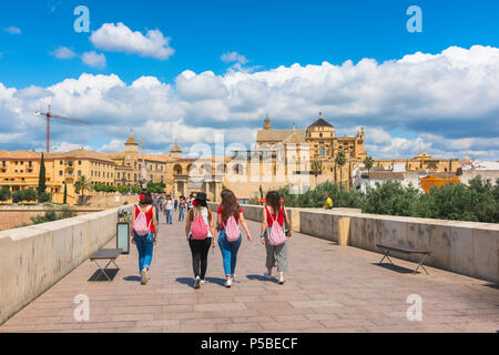 Young women friends, rear view of a group of young Spanish women crossing the Roman Bridge in Cordoba, with the Cathedral / Mezquita mosque ahead. Stock Photo