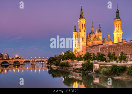 Cathedral-Basilica of Our Lady of the Pillar or Catedral-Basilica de Nuestra Senora del Pilar viewed from across the Ebro, Zaragoza, Aragon, Spain Stock Photo