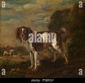 Een patrijshond .  Nederlands: Een patrijshond, op de achtergrond een landschap met een jager te paard met honden. . 1653. N/A 496 Een patrijshond Rijksmuseum SK-C-279
