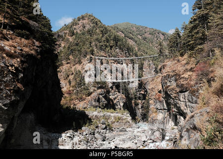 Edmund Hillary Suspension Bridge, Nepal in the Himalayas on the Everest base camp trek. Stock Photo