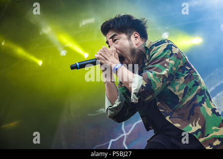 Denmark, Copenhagen - June 22, 2018. The Japanese metal band Crossfaith performs a live concert during the Danish heavy metal festival Copenhell 2018 in Copenhagen. Here vocalist Kenta Koie is seen live on stage. (Photo credit: Gonzales Photo - Peter Troest). Stock Photo