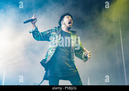 Denmark, Copenhagen - June 22, 2018. The Japanese metal band Crossfaith performs a live concert during the Danish heavy metal festival Copenhell 2018 in Copenhagen. Here vocalist Kenta Koie is seen live on stage. (Photo credit: Gonzales Photo - Peter Troest). Stock Photo