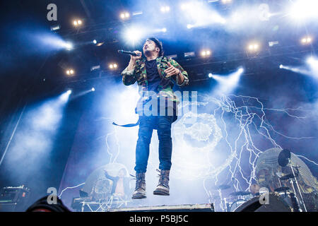 Denmark, Copenhagen - June 22, 2018. The Japanese metal band Crossfaith performs a live concert during the Danish heavy metal festival Copenhell 2018 in Copenhagen. Here vocalist Kenta Koie is seen live on stage. (Photo credit: Gonzales Photo - Peter Troest). Stock Photo