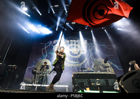 Denmark, Copenhagen - June 22, 2018. The Japanese metal band Crossfaith performs a live concert during the Danish heavy metal festival Copenhell 2018 in Copenhagen. Here vocalist Kenta Koie is seen live on stage. (Photo credit: Gonzales Photo - Peter Troest). Stock Photo